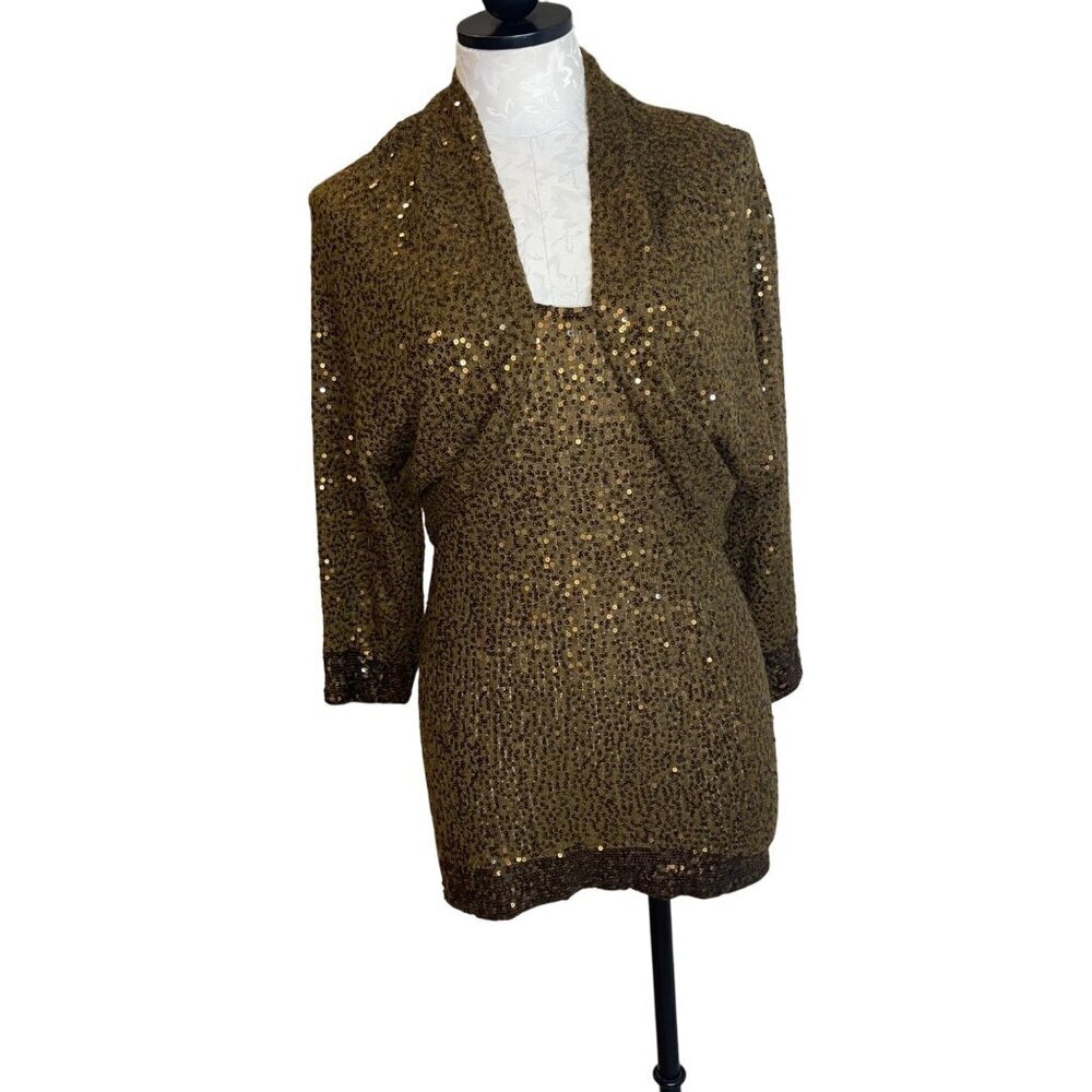 Donna Karan Womens Tank Dress Shrug Set Size Large Brown Sequin Knit Long